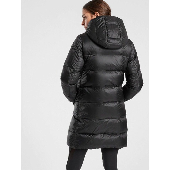 Athleta Lofty Down Coat Goose Down Black Puffer Hooded Puffy Long Coat Medium - Picture 13 of 16